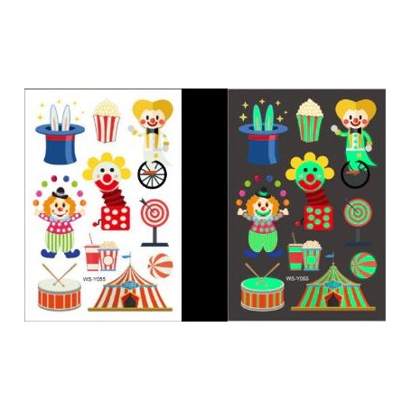 Självlysande barntatueringar 5 ark med cirkus och clownmotiv