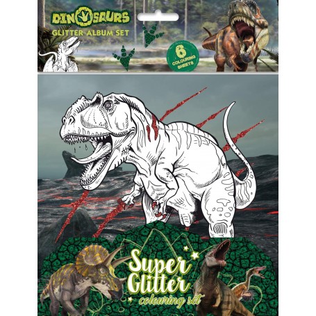 Dinosaurier 6 st färgläggningssidor med glitter pysselpaket dino